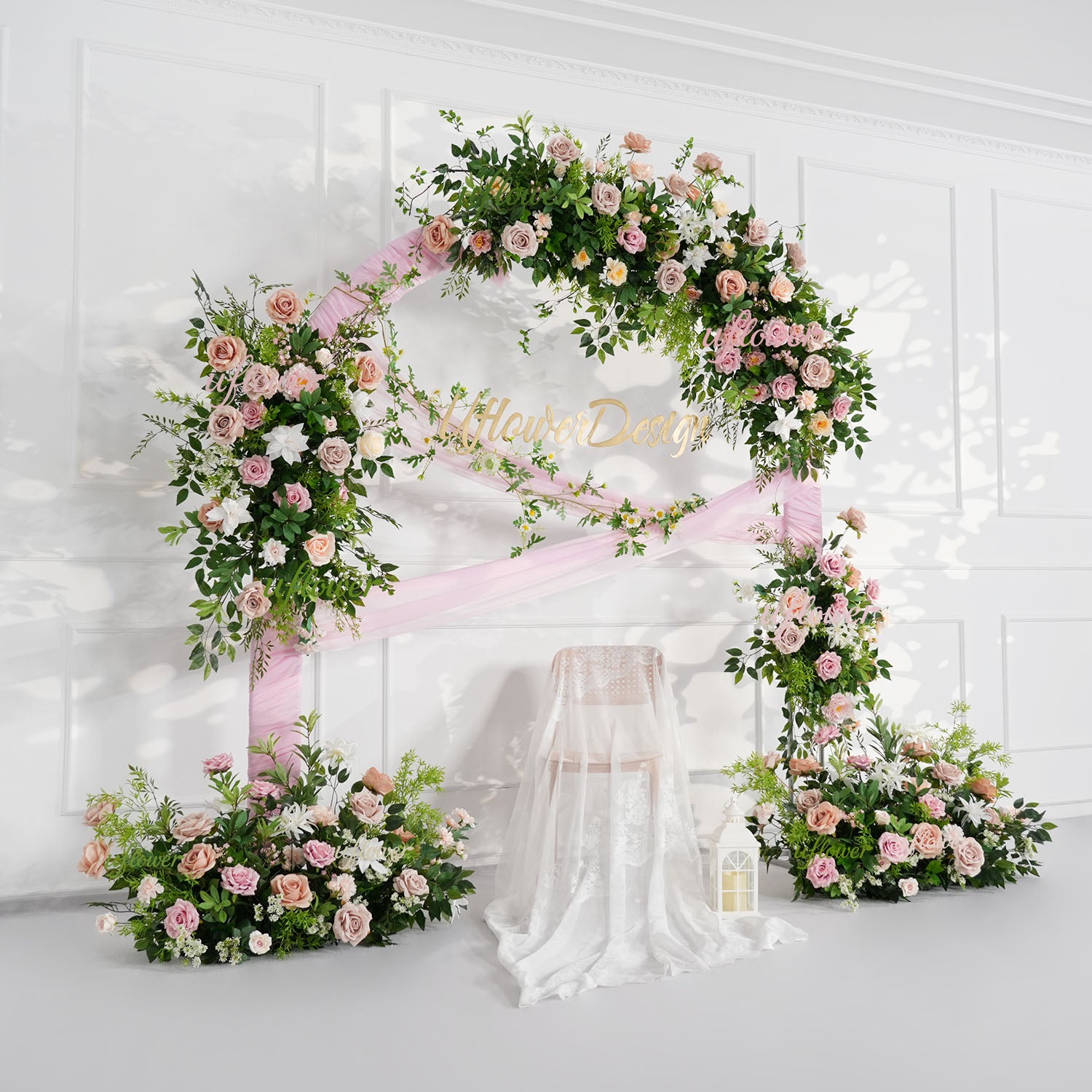 Uflower Champagne Pink Rose Green Leaf Hang Flower Floor Floral Wedding Party Event Props